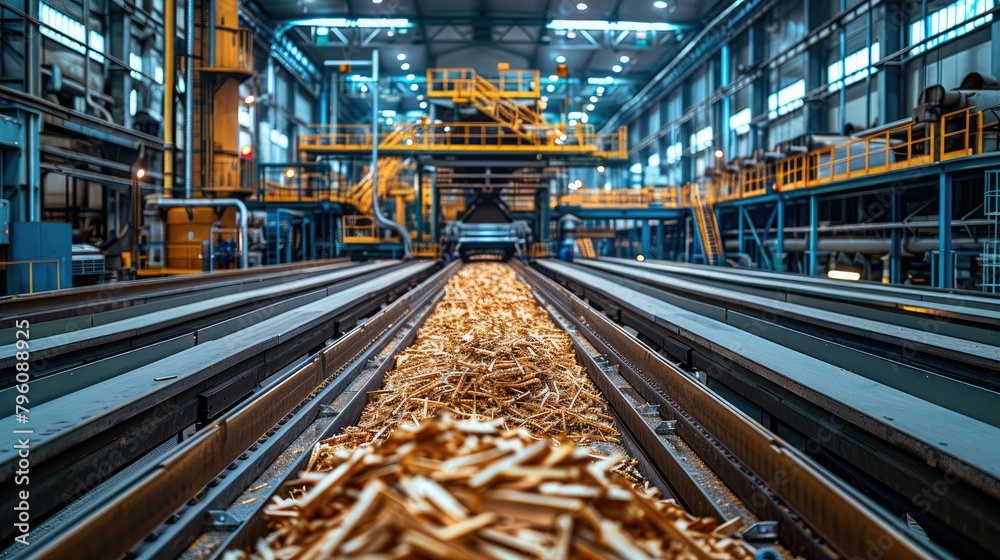 Fototapeta premium A wood waste recycling machinery in a factory. Large industrial machine processing wood into reusable materials. Busy factory floor with conveyor belts. Generative AI.