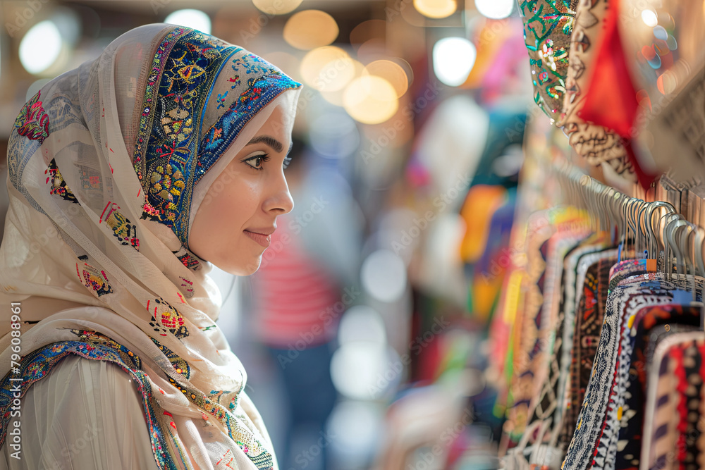 Affluent Middle Eastern woman in traditional headscarf browsing stores in city center