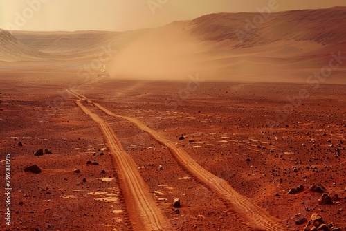 The cold, thin atmosphere of Mars whips red dust across the barren landscape, where rovers leave tire tracks in their quest for signs of past life