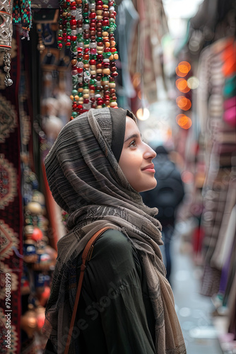 Affluent Middle Eastern woman in traditional headscarf browsing stores in city center © Emanuel