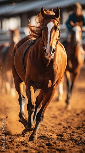 A brown horse is running fast in the desert.
