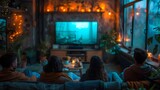 Friends watching movie on flatscreen TV in cozy living room during movie night. Concept Friendship, Movie Night, Cozy Living Room, Entertainment, Flatcreen TV
