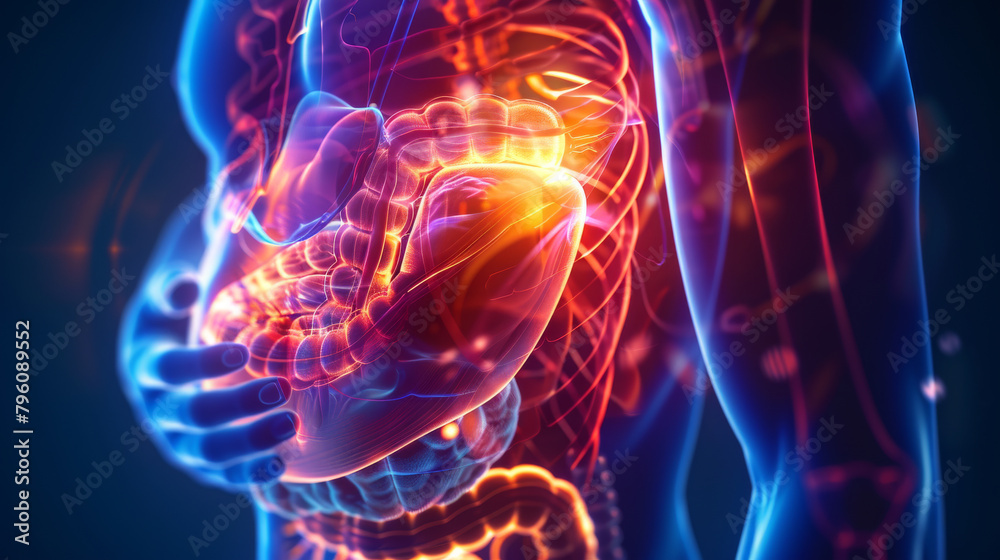 A glowing blue and red image of the human liver. A glowing blue and red image of the human liver.