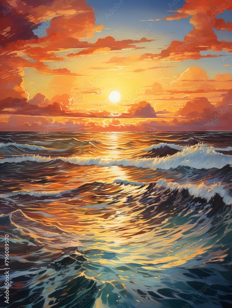 A painting of a beautiful sunset over the ocean. The sky is a bright orange and yellow, and the sun is just sinking below the horizon. The waves are a deep blue and green, and they are crashing agains