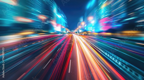 City street light background, night, movement on highway road, blurred image. generate ai