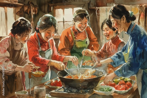Together in the kitchen, the family laughs as they take turns adding ingredients to the stew, creating a delicious melody of chatter and clinking utensils photo