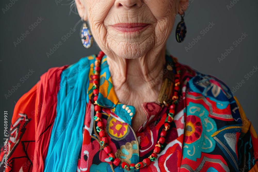 Elderly woman in vibrant, multicolored outfit posed in photography studio Elderly woman in vibrant, multicolored outfit posed in photography studio