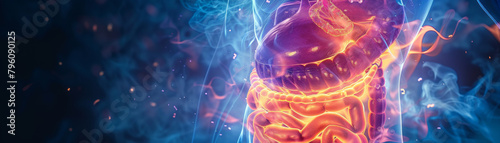 An illustration of the human digestive system with a blue and purple background.