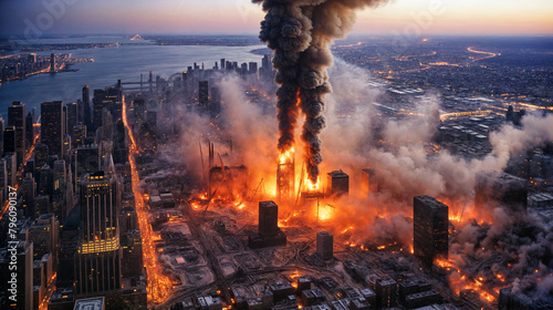 Dusk View of a Catastrophic Fire Engulfing Skyscrapers in a Modern Cityscape