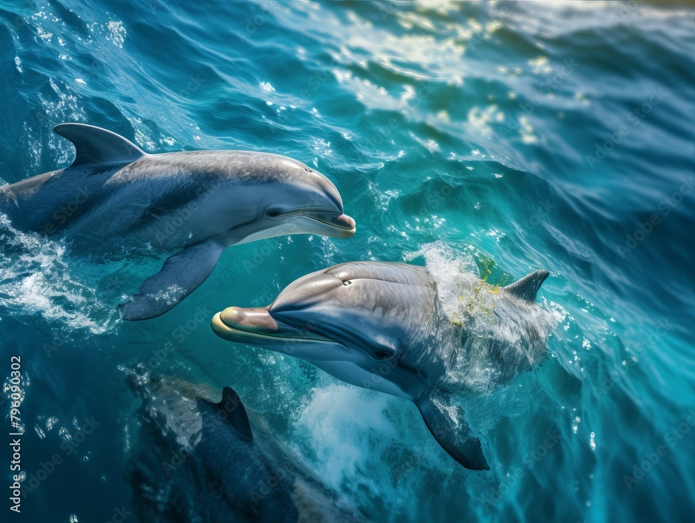 Fototapeta premium Two dolphins playing in the ocean waves