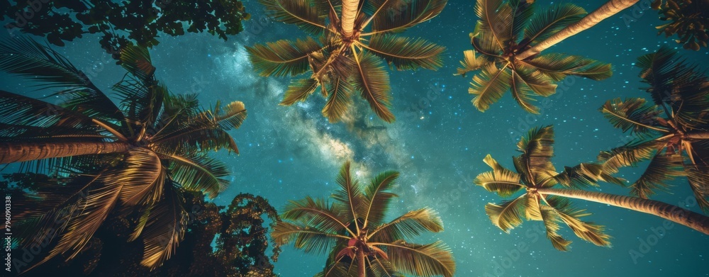 The starry sky and the green leaves of coconut trees - obrazy, fototapety, plakaty 