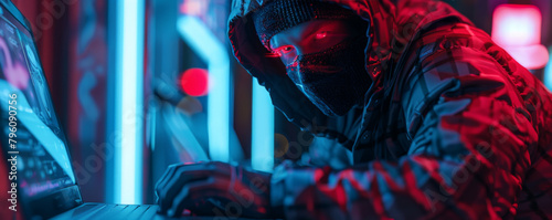 Futuristic scene of a cyber-robber using advanced gadgets to intercept online bank transfers--ar 5:2 photo