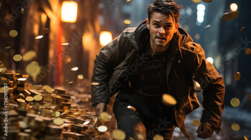 Gritty urban backdrop with a young, desperate thief sprinting away, clutching a handful of coins, blurred city lights behind, cinematic, movie still, realistic photography, advertising photography