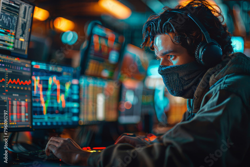 Hacker with a mask typing rapidly in a dark room filled with monitors showing stock market chaos from a cyber robbery--ar 9:16 photo