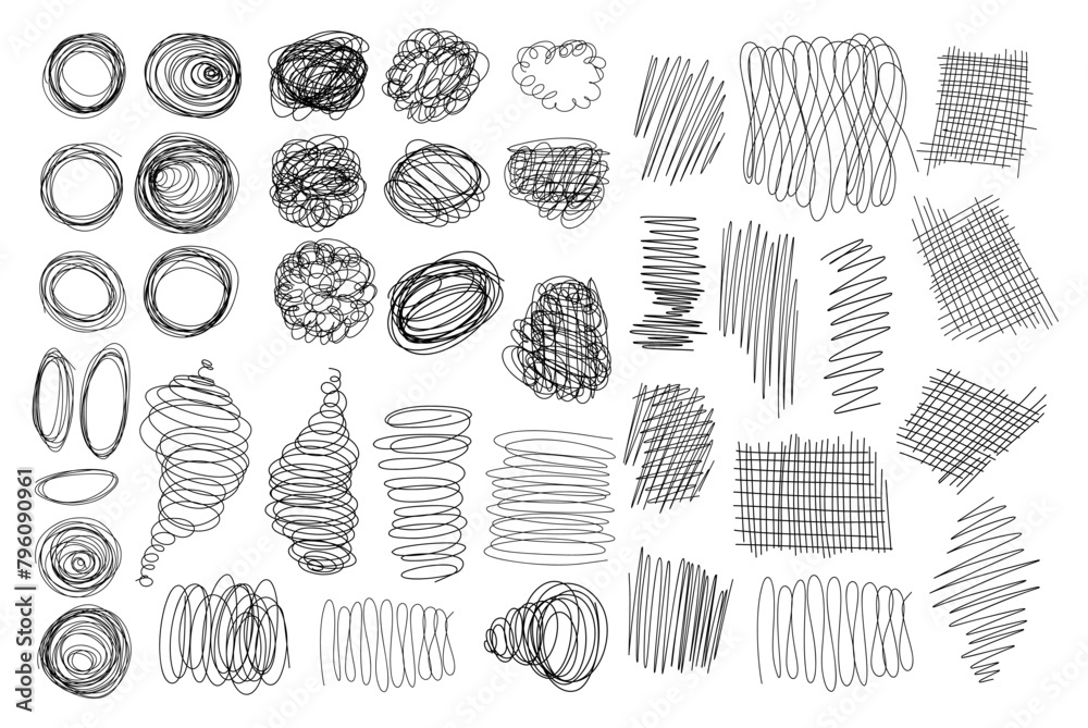 Set doodles. Grunge scrawls, scribbles, underlines and circles, spiral, curved shapes, shading, sketchy and textured form. Isolated vector hand drawn on white.