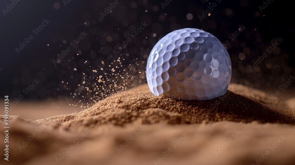 Golf ball on sandy surface with sand particles suspended in air, suggesting motion and impact. - obrazy, fototapety, plakaty 