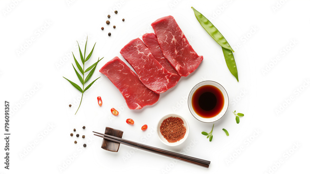 Fresh raw steaks with soy sauce, chili, and spices on a white background, ready for cooking. - obrazy, fototapety, plakaty 