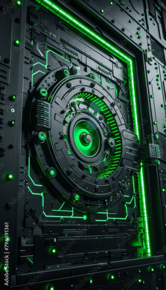 Fototapeta premium Techsavvy robber, digital vault door opening, green and black color scheme, angled view