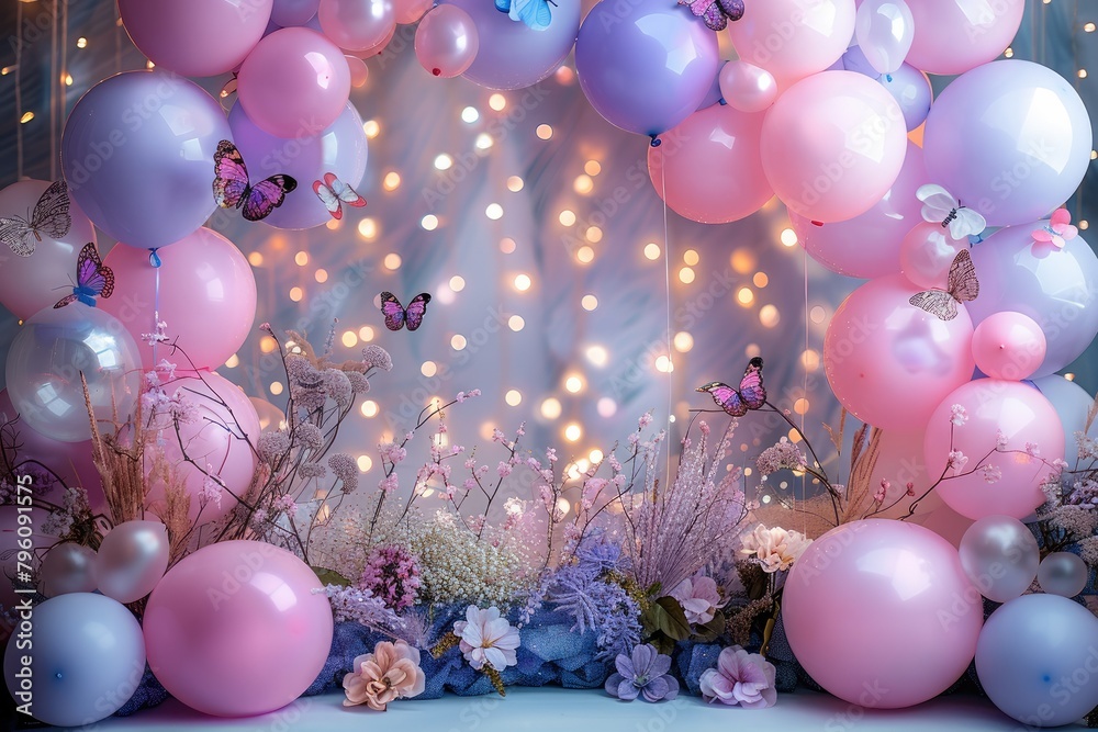 Backdrop For Butterfly Theme Birthday Party Lots Of Balloons And