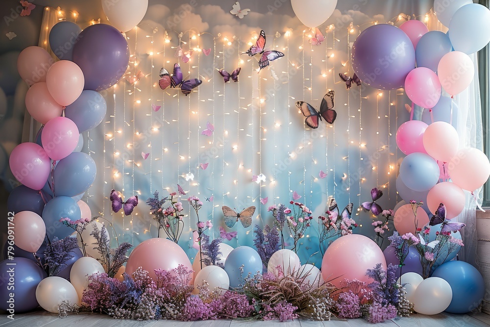 Backdrop For Butterfly Theme Birthday Party Lots Of Balloons And