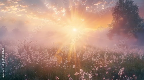Foggy dawn in a forest glade with flowers. Summer landscape