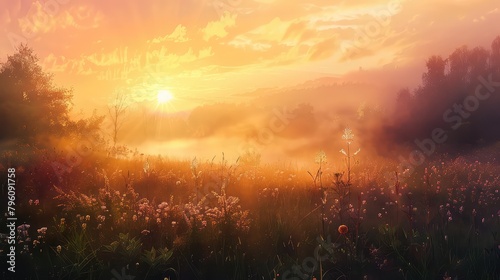 Foggy dawn in a forest glade with flowers. Summer landscape