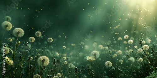 Dreamy dandelion field with wisps taking flight in a synchronized rhythmic dispersion