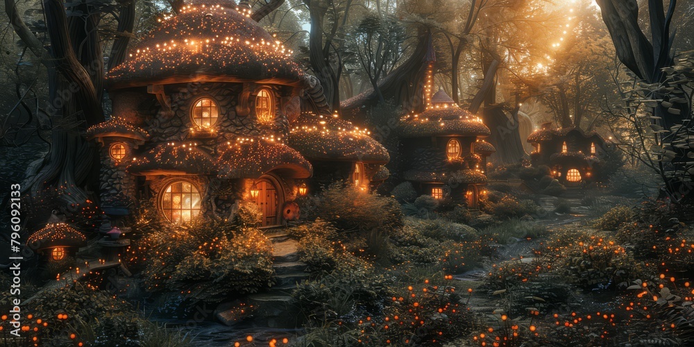 Meandering meadow brook lined with whimsical toadstool houses and fairy pixie villages - obrazy, fototapety, plakaty 