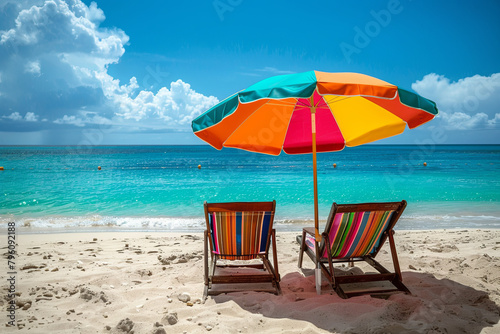 Pair of vacant chairs shaded by colorful beach umbrella on sandy shore with scenic azure ocean in distance © Emanuel