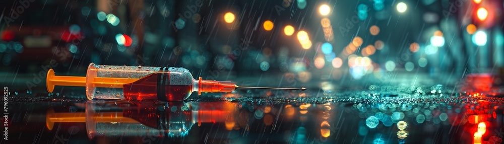 Cinematic and stark portrayal of a syringe on a rainy street, reflective of drug despair - obrazy, fototapety, plakaty 