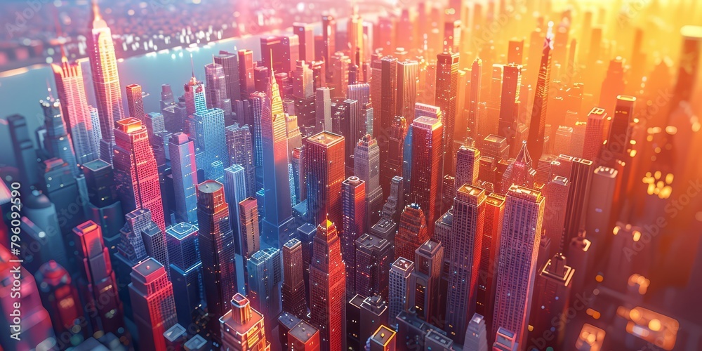 Ever-shifting fractal cityscape with kaleidoscopic, low-poly skyscrapers refracting into new forms - obrazy, fototapety, plakaty 