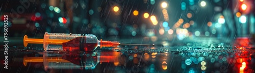 Cinematic and stark portrayal of a syringe on a rainy street, reflective of drug despair photo