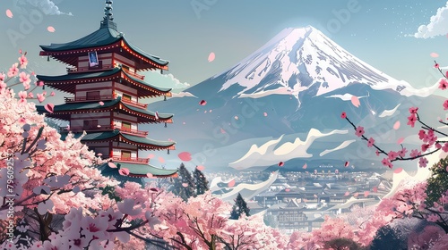 Japanese building architected Fuji mountain in background. AI generated