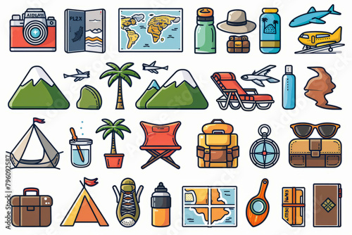 Mini stickers on the theme of tourism, for graphics and web page banners. 