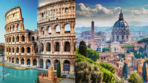 Colosseum and Imperial Forum, Traian Column and Santa Maria di Loreto Church in Rome Italy travel destination and other landmarks of ROM in an image. Generated with AI photo