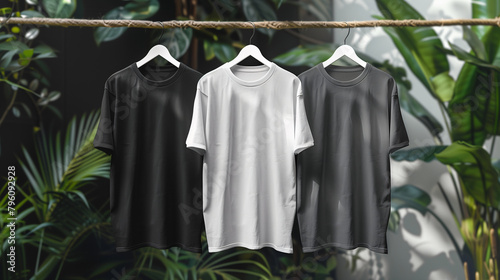 Mockup of clothes collections for an advertisement, poster, or promotion. Three basic white, grey, and black t-shirt are hanging on a rope with plants background.