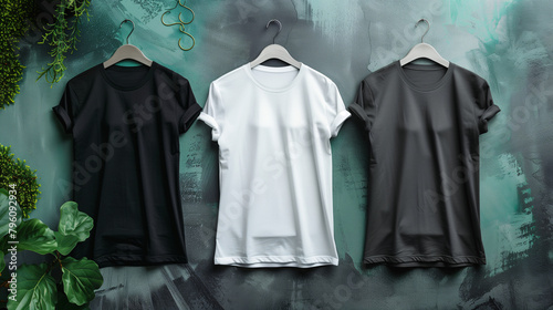 Mockup of clothes collections for an advertisement, poster, or promotion. Three basic white, grey, and black t-shirt are displayed on an abstract green background with plant.