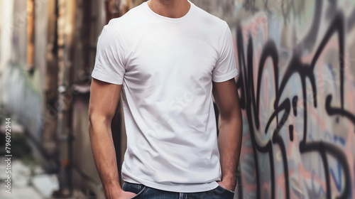 Mockup of clothes worn by a model. Close up of full upper body part from hip to neck on plain background. A man wearing a basic white t-shirt on a city background. photo
