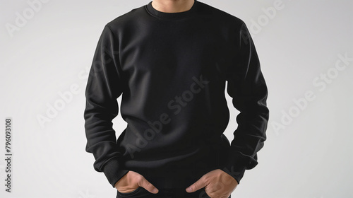 Mockup of clothes worn by a model. Close up of full upper body part from hip to neck on plain background. A man wearing a basic black sweater on a plain white background. photo