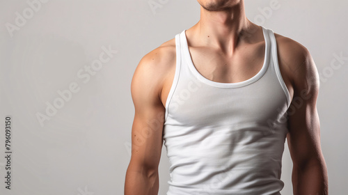 Mockup of clothes worn by a model. Close up of full upper body part from hip to neck on plain background. A man wearing a basic white tank top on a plain light grey background.