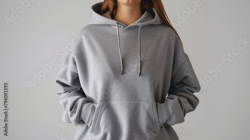 Mockup of clothes worn by a model. Close up of full upper body part from hip to neck on plain background. A woman wearing a basic grey hoodie on a plain light grey background. photo