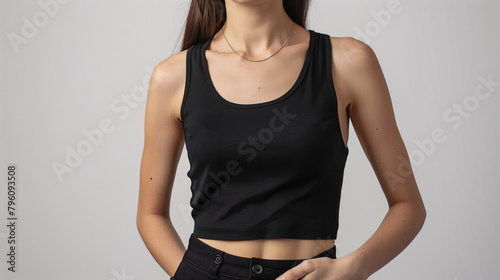 Mockup of clothes worn by a model. Close up of full upper body part from hip to neck on plain background. A woman wearing a basic crop black tank top on a plain light grey background.