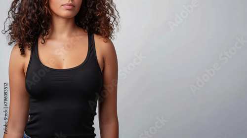 Mockup of clothes worn by a model. Close up of full upper body part from hip to neck on plain background. A woman wearing a basic black tank top on a plain light grey background.
