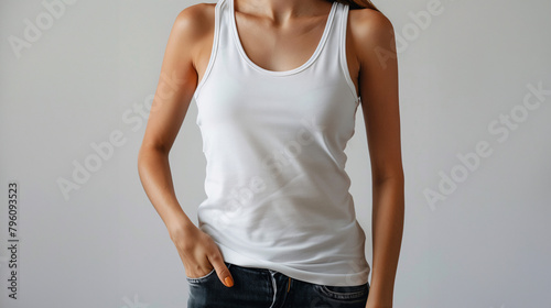 Mockup of clothes worn by a model. Close up of full upper body part from hip to neck on plain background. A woman wearing a basic white tank top on a plain light grey background. photo