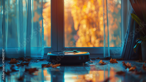 The efficient home assistant: robot vacuum cleaner in action.  © Mariya Sorvacheva