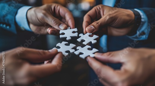 Business professionals collaborate in the office, joining puzzle pieces to symbolize teamwork and partnership