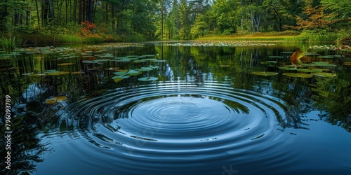 Hypnotic lake with lily pad rings emanating soothing ripple patterns across still waters