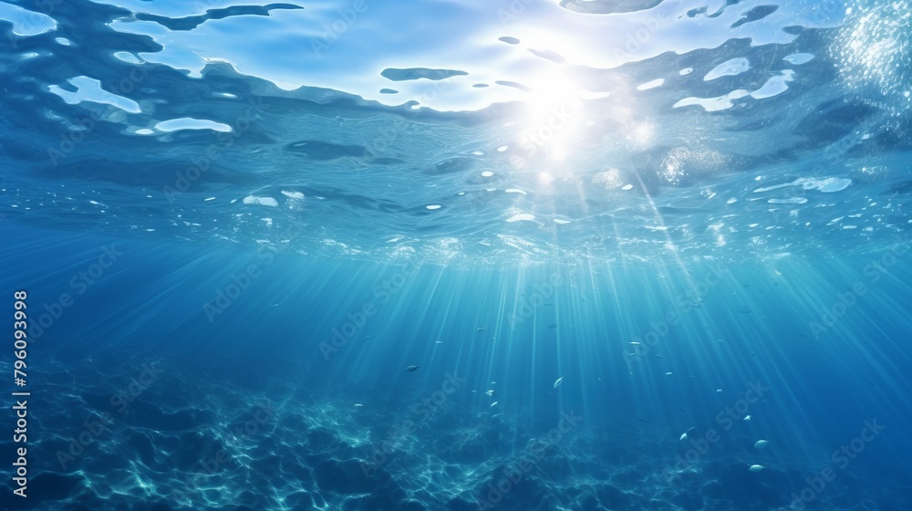 Small canyon underwater carved by the swell into the fore reef with sunlight through water surface