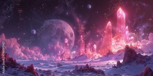 Luminous lunar valley of sparkling crystals and burbling cosmic geysers under twin moons photo