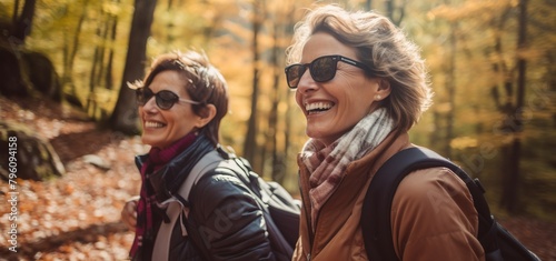 Two senior female friends hiking together through the forest in autumn